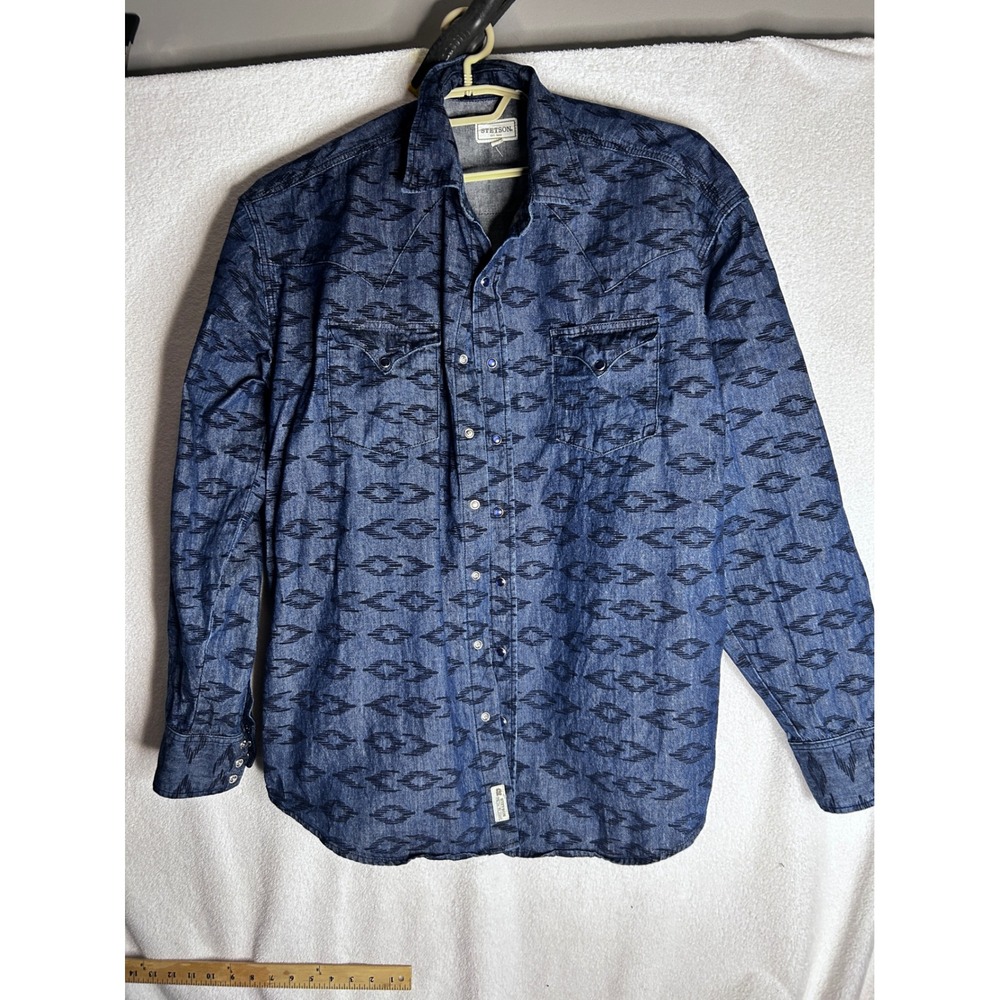 Stetson Mens XL Blue Geometric Western Pearl Snap Denim Shirt 11-001-0465-0245
